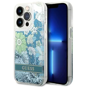 Guess Flower Liquid Glitter dėklas telefonui iPhone 14 Pro Max - žalias