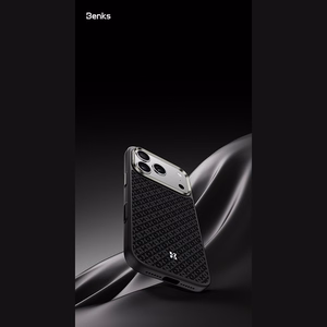 Juodas „Benks Magnetic Armor Pro Armor Grid 600D“ kevlaro dėklas su metaliniu rėmeliu (C.K.FL.AP.BK.B072), skirtas iPhone 18 Pro / iPhone 17 Pro su „Camera Control“ mygtuku