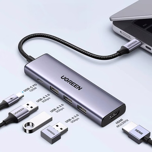 Ugreen CM511 15597 5in1 šakotuvas USB-C - USB-C PD / HDMI / 3x USB-A 3.0 - pilkas