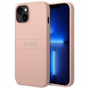 Guess GUHCP14MPSASBPI Saffiano with Metal Logo dėklas, skirtas iPhone 14 Plus, rožinis