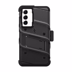 ZIZO BOLT Series šarvuoto dėklo rinkinys, skirtas Samsung Galaxy S23+, su 9H ekrano stiklu, integruota atrama ir prie diržo segamu laikikliu, juodas