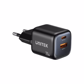 Unitek GaN tinklo įkroviklis USB-A ir USB-C 20W juodas