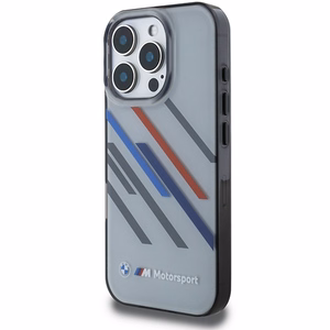 BMW Motosport IML atsitiktinės juostos iPhone 16 Pro dėklas - pilkas