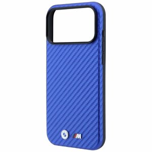 BMW dėklas, skirtas iPhone 18 Pro / 17 Pro: (Carbon Metal Logo), suderinamas su MagSafe, spalva – mėlyna