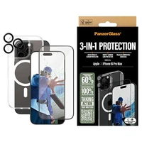 PanzerGlass rinkinys 3in1 iPhone 16 Pro Max 6.9" D3O kietasis dėklas + Apsauginis stiklas UWF + lęšis B1294+2864+1284