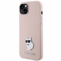 Karl Lagerfeld silikoninis Choupette Metal Pin dėklas telefonui iPhone 15 Plus / 14 Plus - rožinis