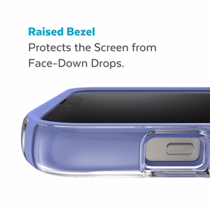 Speck Presidio Perfect-Clear with Impact Geometry case for iPhone 15 Plus / 14 Plus, with Microban antimicrobial protection, Clear / Grounded Purple