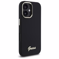 "Guess" silikoninis "iPhone 16 Plus" korpusas su metaliniu logotipu ir rėmeliu - juodas