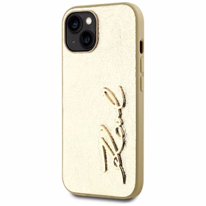 Karl Lagerfeld Wrinkled Metal Signature dėklas telefonui iPhone 15 - auksinė