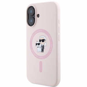 Karl Lagerfeld silikoninis Magnetinis dėklas telefonui iPhone 16 Plus su Karl & Choupette galvų žiedu - rožinė