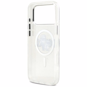 Karl Lagerfeld IML blizgantis Karl & Choupette eskizo logotipo magnetinis dėklas telefonui iPhone 17 Pro Max - skaidrus