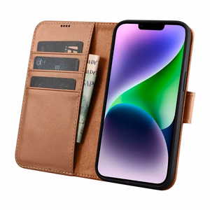 iCarer Piniginės dėklas 2in1 viršelis iPhone 14 Plus Anti-RFID odinis atverčiamas dėklas rudas (WMI14220727-BN)