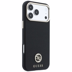 Guess Grained Round Strass Logo MagSafe dėklas iPhone 18 Pro Max / 17 Pro Max – juodas