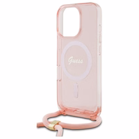 Guess Crossbody Cord Script Magnetinis dėklas iPhone 16 Pro - rožinis