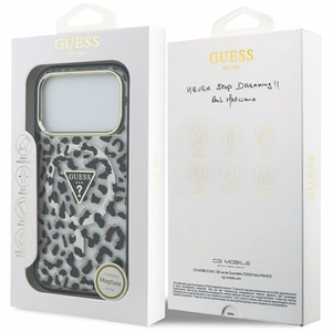 Guess leopardinis blizgus magnetinis dėklas telefonui iPhone 17 Pro juodas