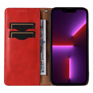 Magnetinis dirželio dėklas telefonui iPhone 14 Plus su atverčiamu dangteliu, pinigine, mini dirželiu ir stovu, raudonas