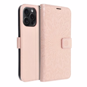 MEZZO knygos tipo dėklas telefonui IPHONE 15 Pro Max su mandalos raštu, rožinio aukso spalvos