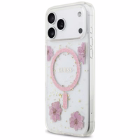 Guess Resin Flowers Glitter MagSafe dėklas iPhone 17 Pro Max rožinės spalvos