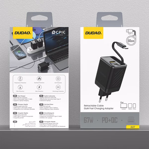 "Dudao A67EU GaN 67W sieninis įkroviklis su įmontuotu ištraukiamu USB-C "Power Delivery" greitojo įkrovimo kabeliu - juodas