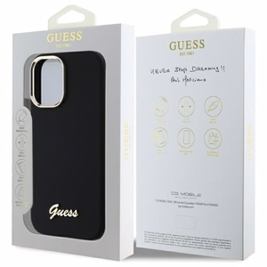 "Guess" silikoninis "iPhone 16 Plus" korpusas su metaliniu logotipu ir rėmeliu - juodas