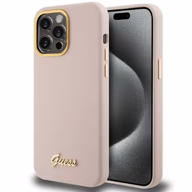 Guess silikoninis dėklas telefonui su metaliniu logotipu ir rėmeliu iPhone 15 Pro Max - rožinis