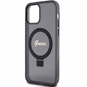Guess Ring Stand Script Glitter Magnetinis dėklas telefonui iPhone 12/12 Pro - juodas