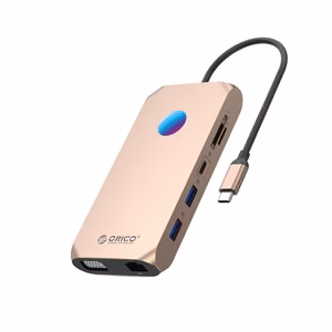 Orico XCR 12 viename RGB USB-C prijungimo stotelė 3x USB-A 3.1 1x USB-A 2.0 1x USB-C PD 100W 1x USB-C 3.1 1x HDMI 1.4 4K 30Hz 1x VGA 1080p 1x microSD/SD 3.0 1x RJ Gigabit Ethernet 1x Audio CTIA 3.5 mm - rožinis auksas