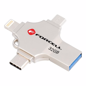 FORCELL F-DATA USB atmintukas Metal Quad 32GB USB3.2 Gen 1 (USB A / Type C / Lightning / Micro USB) sidabrinis