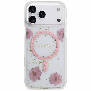 Guess Resin Flowers Glitter MagSafe dėklas iPhone 17 Pro Max rožinės spalvos