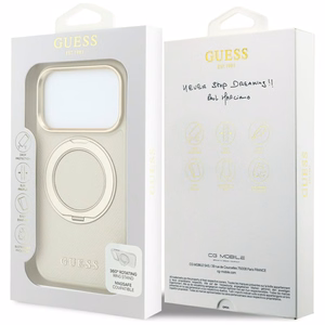 Guess Grained Classic Logo dėklas, skirtas iPhone 18 Pro / 17 Pro, su 360° žiedu-stovu, suderinamas su MagSafe – smėlio spalvos