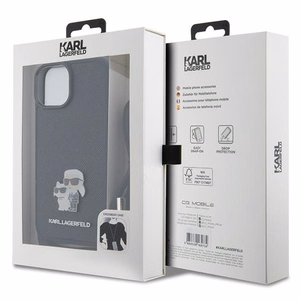 Karl Lagerfeld kryžminis Saffiano metalinis ženkliukas Karl & Choupette dėklas telefonui iPhone 15 Plus - juodas