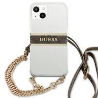 Guess GUHCP13SKC4GBGO iPhone 13 mini 5.4" skaidrus kietasis dėklas 4G rudos spalvos dirželiu ir auksine grandinėle
