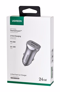 Ugreen USB Type-C / USB 24W Power Delivery Quick Charge automobilio įkroviklis pilkas (30780)