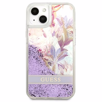 Guess GUHCP13SLFLSU iPhone 13 mini 5.4" violetinis kietas dėklas gėlių skystas blizgučiai