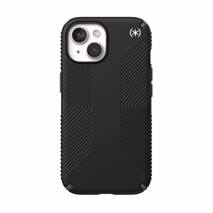 Speck Presidio2 Grip MagSafe dėklas, skirtas iPhone 17e / 16e / 15 / 14 / 13, juodas su skalūno pilkos spalvos detalėmis