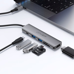 Acefast J18 USB šakotuvas USB-C 6-in-1 HDMI 4K 60Hz PD90W doko stotis - pilkas