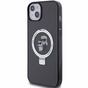 Karl Lagerfeld KLHMP15SHMRSKCK iPhone 15 6.1" juodas/juodas kietas dėklas su žiediniu stovu Karl&Choupette Magnetinis