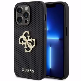 Guess Leather Perforated 4G Glitter Logo Case for iPhone 15 Pro - juodas dėklas telefonui