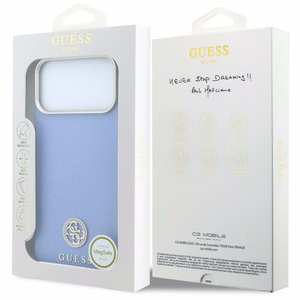 Guess Grained Round Strass Logo dėklas, skirtas iPhone 18 Pro / 17 Pro, suderinamas su MagSafe – mėlynas