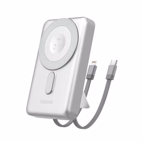 Dudao K29 10000mAh PD 20W Magnetinė išorinė baterija su metaliniu dėklu, stovu ir įmontuotais USB-C/Lightning kabeliais - sidabrinė