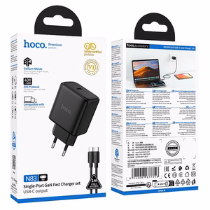 Telefono GaN įkroviklis Hoco USB C PD AVS 40W max 60W su USB C į USB C laidu N83 juodas