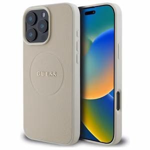 Guess grūdėtas auksinio žiedo magnetinis dėklas telefonui iPhone 16 Pro Max - smėlinė