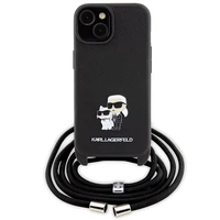 Karl Lagerfeld kryžminis Saffiano metalinis ženkliukas Karl & Choupette dėklas telefonui iPhone 15 - juodas