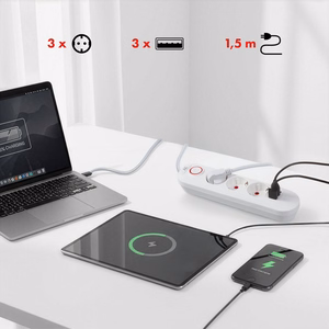 Maclean power strip, 3 socket extension + 3xUSB, 110-240V AC 50/60Hz, 2.1A max 2500W, 1.5m, white, MCE394 W