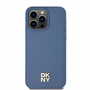 DKNY Odinis monogramos rašto metalinis logotipas Magnetinis dėklas telefonui iPhone 15 Pro Max - mėlynas
