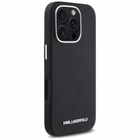 Karl Lagerfeld Saffiano pilnai aptrauktas pailgo metalinio logotipo magnetinis dėklas telefonui iPhone 16 Pro Max - juodas