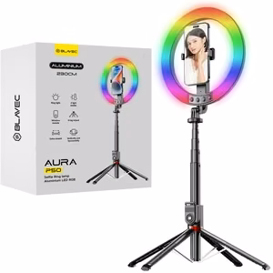 Blavec Selfie žiedo lempa Aluminium Aura LED RGB žiedas P-50 25cm trikojis + nuotolinio valdymo pultas + 2,3 metrai (RLP50-TRB23) juoda