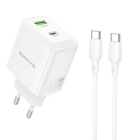 Borofone sieninis įkroviklis BN30 Cargador GaN - USB + Type C - QC 3.0 PD 45W su Type C į Type C kabeliu baltas