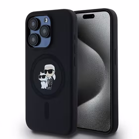 Karl Lagerfeld silikoninis Karl&Choupette magnetinis dėklas telefonui iPhone 15 Pro - juodas