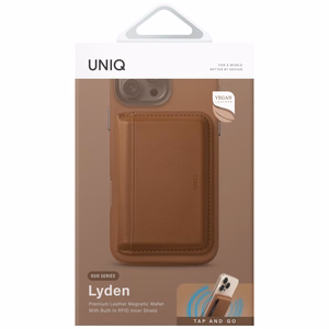 Uniq Lyden DS su RFID apsauga magnetinis „MagSafe“ kortelių dėklas telefonui su stovu – rudas